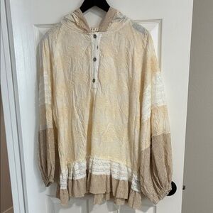 POL Cream and Tan Striped Lace Top